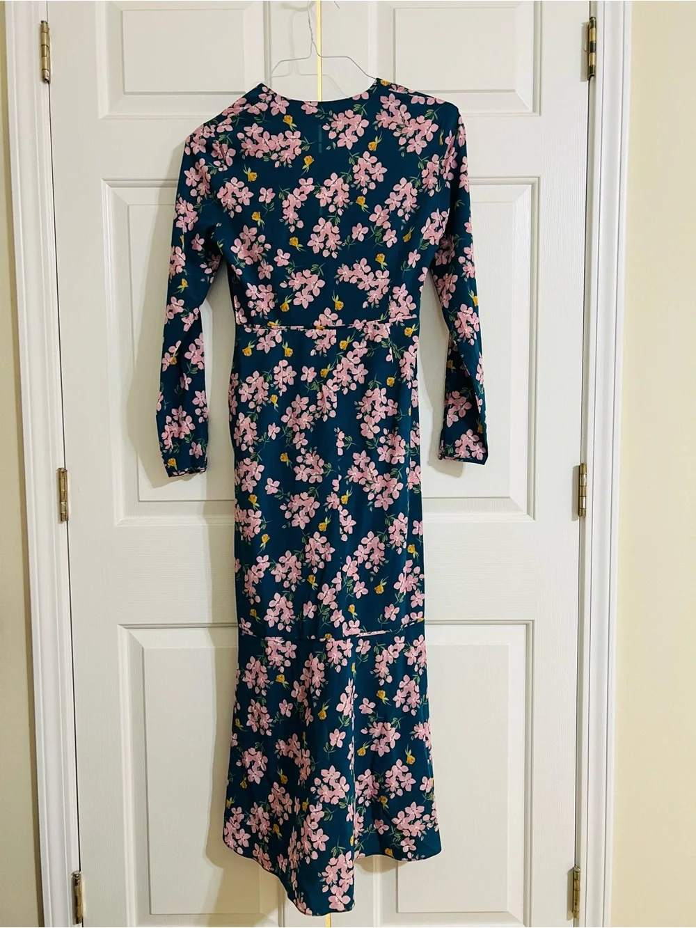 INTERMIX Teal Floral Ruched High-Low Silk Dress with Pink Blossoms